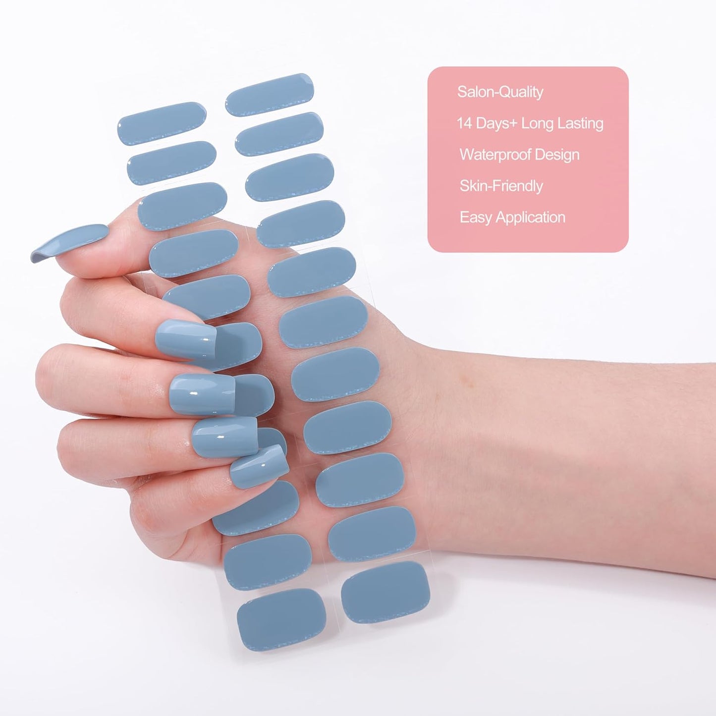 No Lamp Gel Nail Strips 22 Pcs Wraps - Muddy Blue, Solid, Easy Apply Gel Nail Stickers Long Lasting, Salon-Quality, 2 Prep Pads, 1 File, 1 Wooden Stick