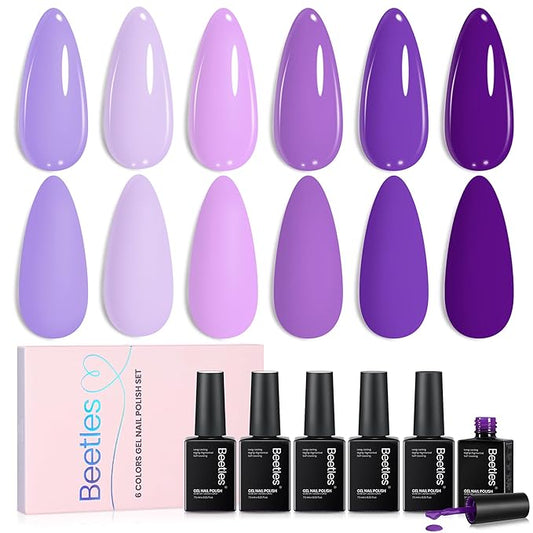 beetles Purple Gel Polish - Violet Letter 6 Colors Polish Set, Light and Dark Purple Colors, Soak Off LED Nail Gel Manicure Kit for DIY at Home Salon