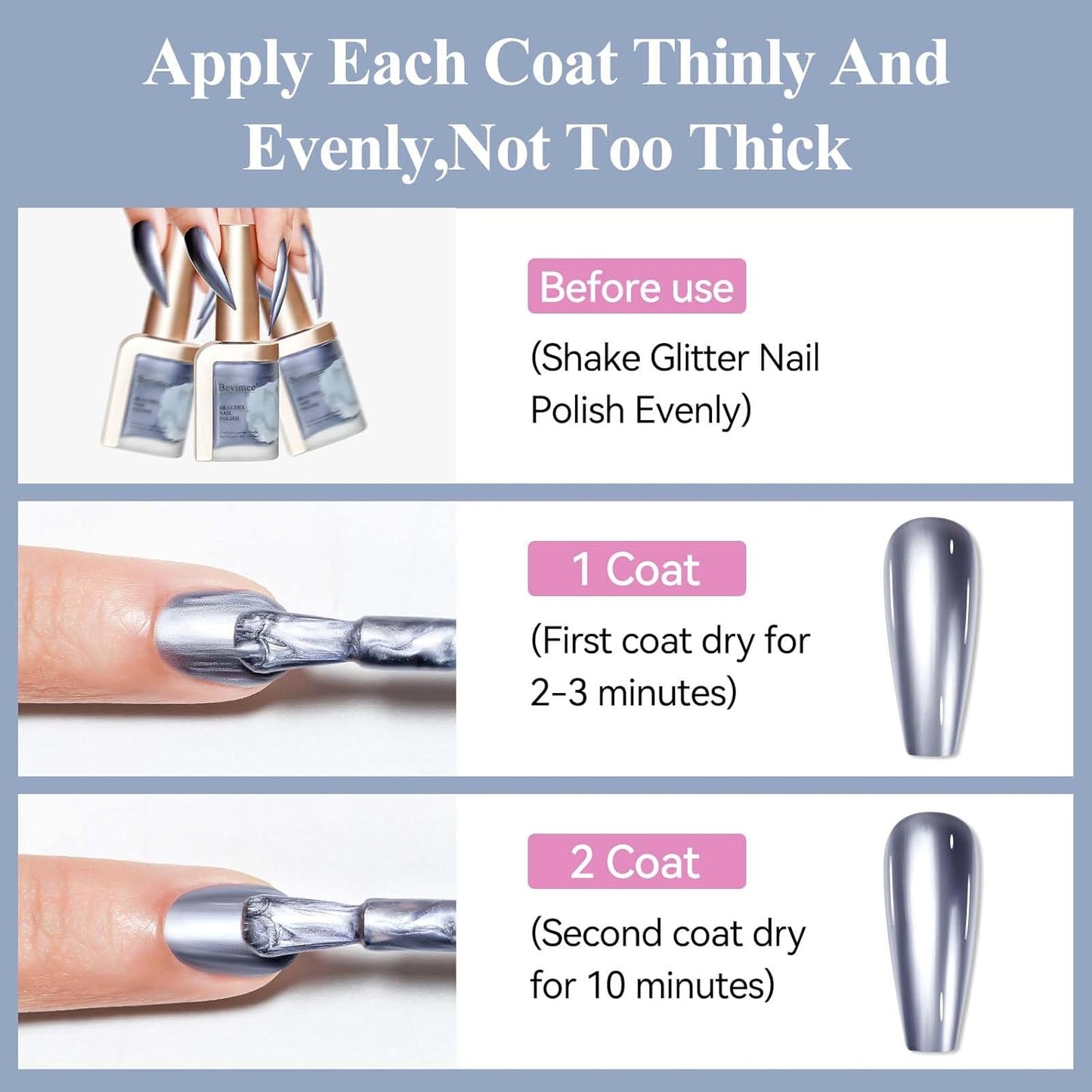 Chrome Nail Polish Metallic Mirror Effect, Air Quick Dry Holographic Nail Lacquer Silver Purple Regular Color for Finger Toe Nail French Manicure Art