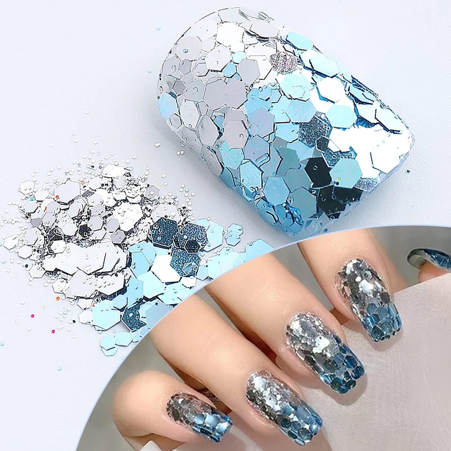 Mermaid Holographic Nail Sequins, 3D Hexagon Flakes Glitter Accessories Mirror Gradient Effect Nail Art Design Sparkly Acrylic Nails Powder for Women Girls Manicure Tips Charms Decoration (12 Colors)