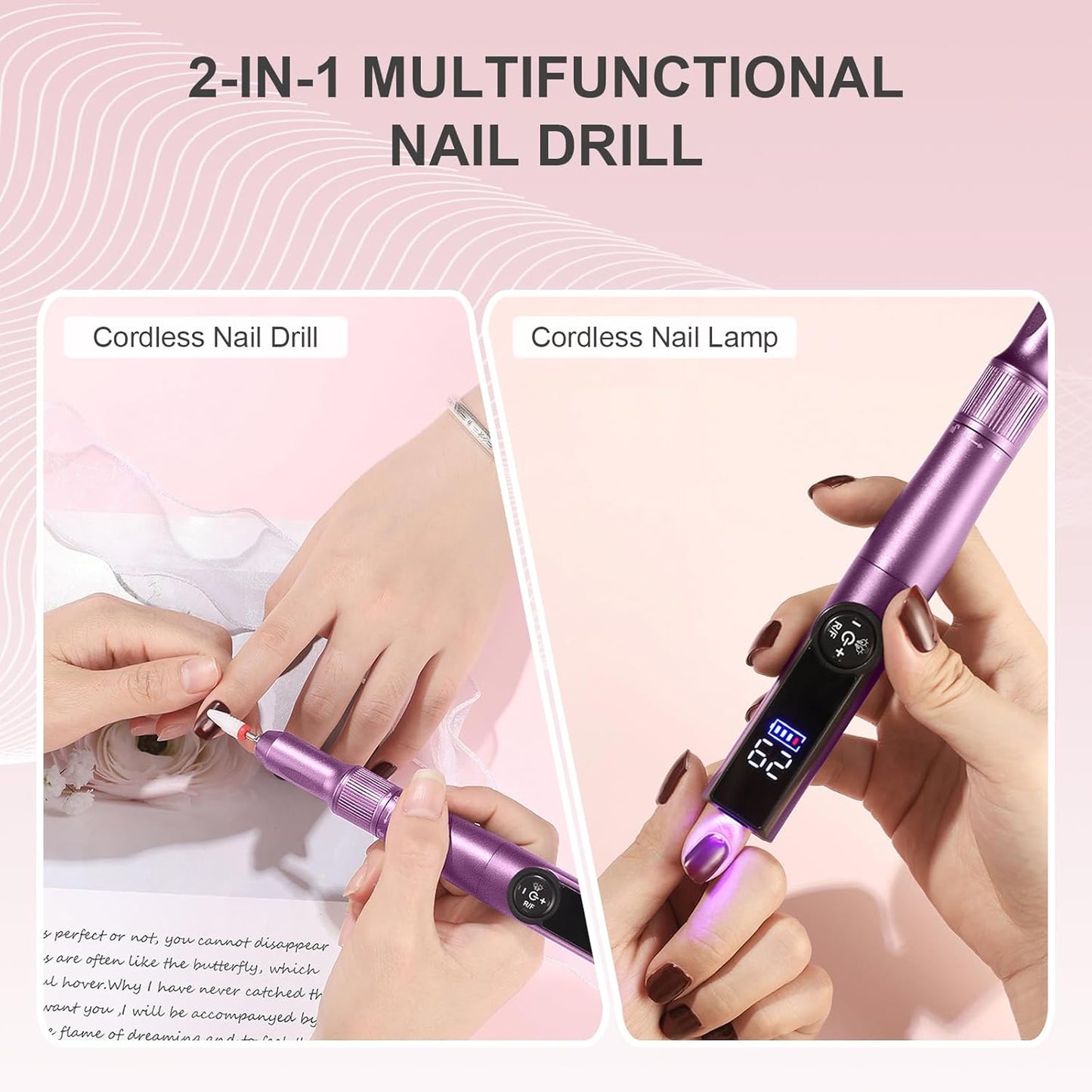 Electric Nail Drill Rechargeable Professional,2 in 1 Nail Grinder & UV Lamp Combo,35000 RPM,Portable Cordless Nail File Machine for Acrylic Nails,Gel Polishing,Shaping Nails,Manicure Art Tools