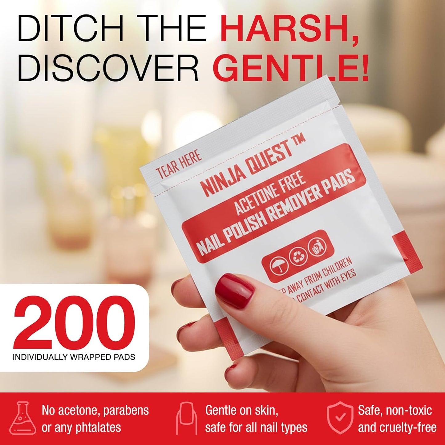 Nail Polish Remover Pads 100% Non Acetone - 200 Pack of Individually Wrapped Bulk Set Gel Nail Polish Remover Wipes - Fingernail Travel Kit to Clear Nail Polish for Home & Professional Removal