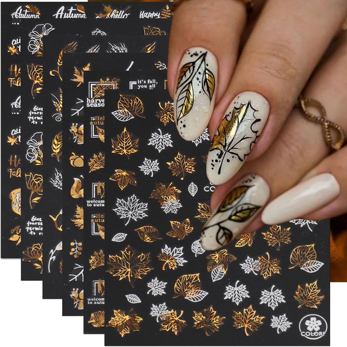 Maple Leaf Nail Art Stickers Decals Fall Nail Stickers 6PCS Golden Autumn Leaves Pine Nut Squirrel Autumn Nails Design Thanksgiving Day Nail Art Supplies Fall Stickers for Nails Manicure Decor