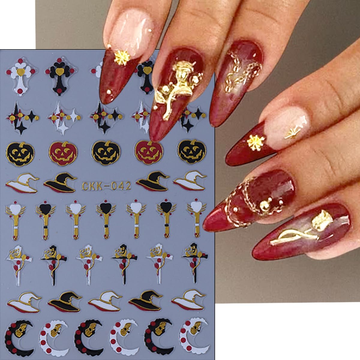 10 Sheets Halloween Nail Art Stickers Decals 3D Skeleton Pumpkin Spider Knife Etc Self-Adhesive Designs Nail Decals Supply Red Gold Skull Cross Nail Stickers for Women DIY Manicure Decoration