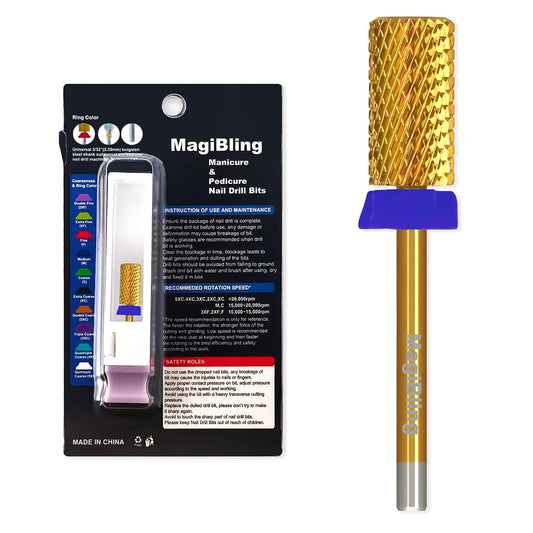 Super Cut Large Barrel Nail Drill Bits, 3/32'' Professional Tungsten Carbide Bits, Remove Hard and Soft Gel Fast, Right Hand Use, Manicure Pedicure Cuticle Gel Polishing, Gold Color, Medium.