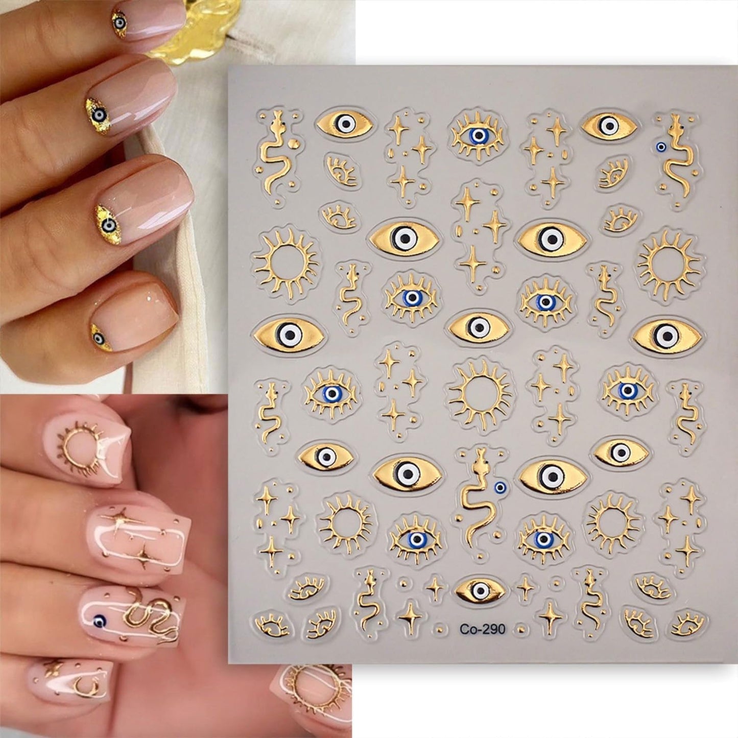 Gold Nail Stickers Evil Eye Nail Art Stickers 5D Embossed Nail Decals Gold Star Snake Design Nails Supplies for Women DIY Nail Art