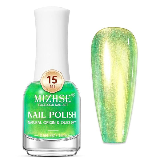 MIZHSE Quick Dry Nail Polish, Aurora Green Nail Polish Air Dry Fast, 15ml/0.5 fl oz Regular Shiny Glossy Oil-based Shimmery Nail Lacquer Non-Gel Nail Art Salon Manicure Home DIY