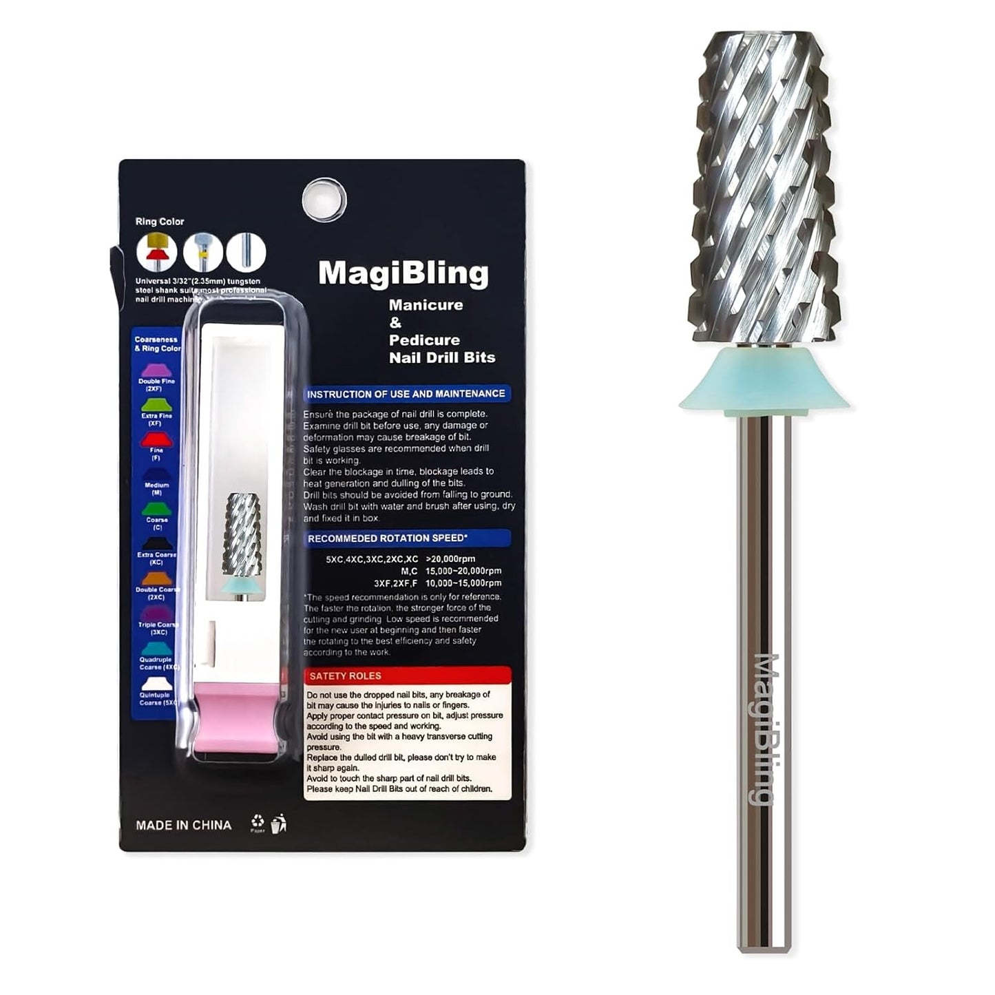 Professional Nail Drill Bits, Tungsten Carbide Cross Cut Tapered Barrel 3/32'' Safety Bits, Left Right Hand Use, Remove Gel Fast, Manicure Pedicure Cuticle Gel Polishing, Quadruple Coarse.