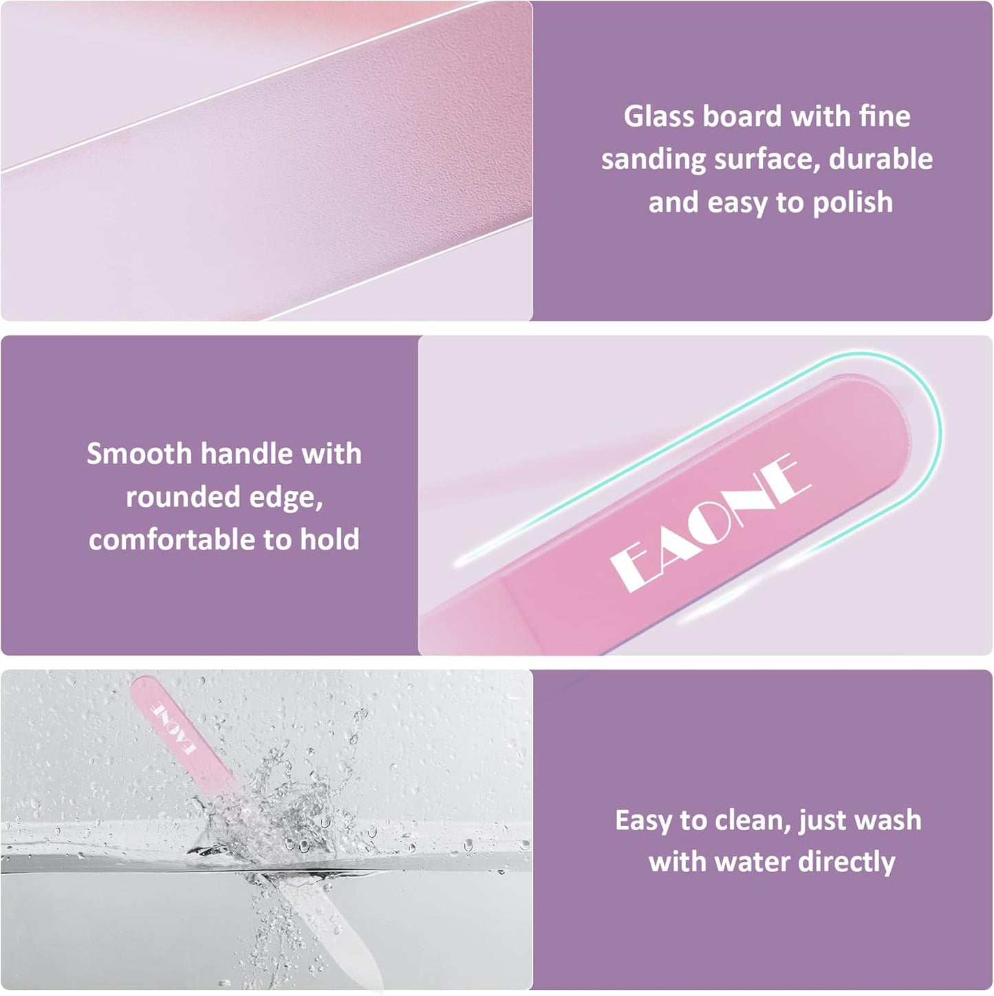 EAONE Crystal Glass Nail File with Case 3 Pack, Double-Sided Etched Fingernail Files for Natural Nails Professional Footnail Care Tool, Stocking Stuffers for Women Girls Gifts