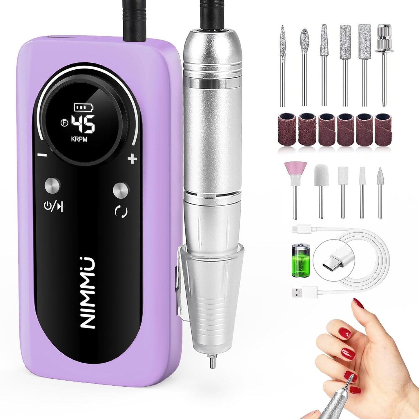 Nimmu Portable Nail Drill Professional, 45000RPM Electric Nail File for Acrylic Nail Remove Gel Polish, Rechargeable Nail Drill Machine with 11 Bits Kit for Manicure Salon Home (Purple)
