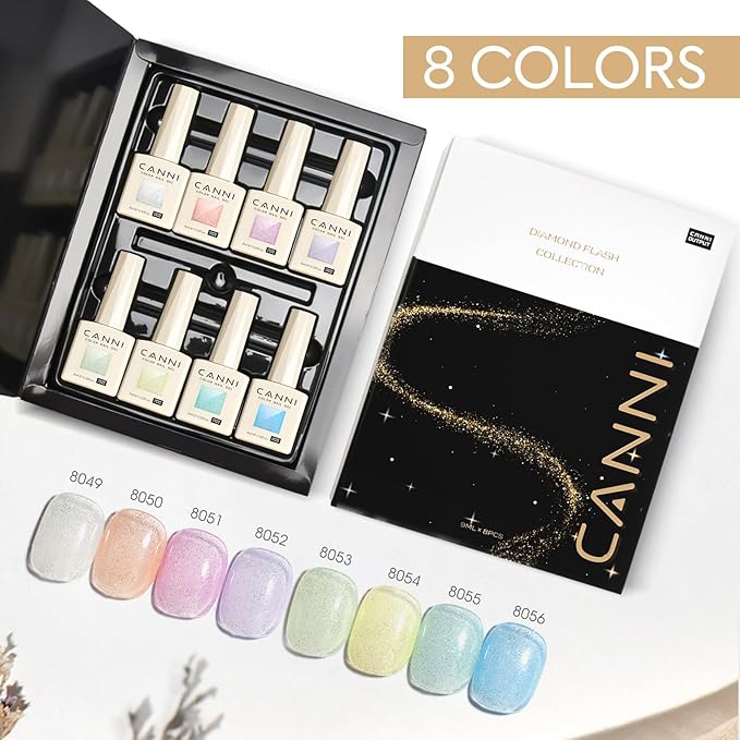 CANNI 8 Pcs 9 ML Glitter Gel Nail Polish Set, Shimmer Sparkly Pink Yellow White Purple Blue Green Colors Gel Polish Kit Soak Off Led Nail Art Gel Manicure Salon DIY Gifts