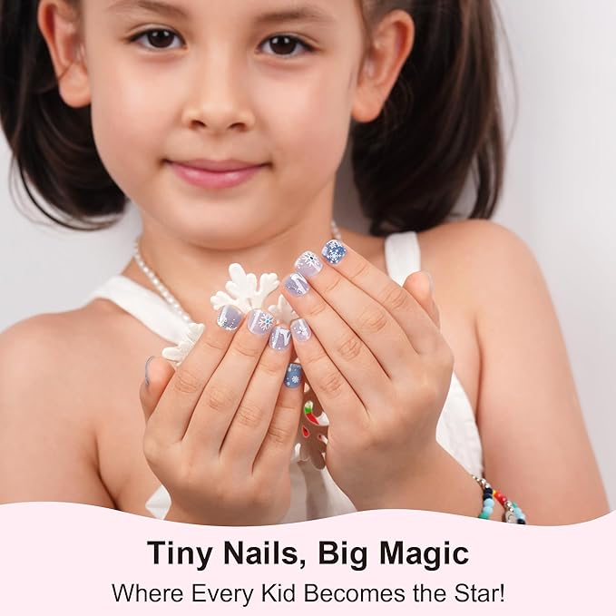 DANNI & TONI Kids Gel Nail Strips Snowman Snowflakes Blue Salon-Quality Peel & Stick Manicure for Children (Age 6+)– Safe, Long-Lasting, Easy to Apply |Ice Whisper