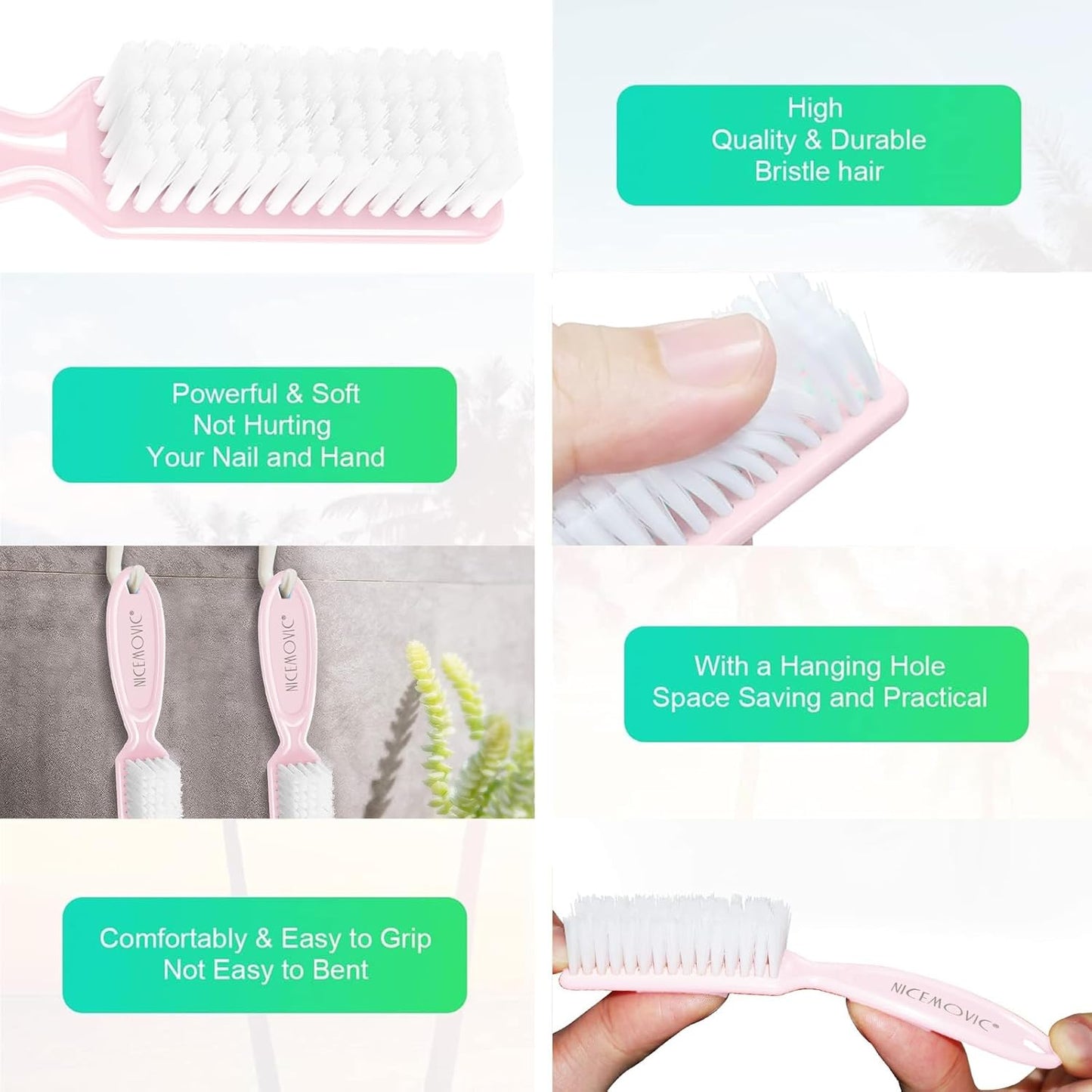 NICEMOVIC 10 Pcs Nail Brush for Cleaning Fingernails, Handle Grip Nail Scrubber Brush, Hand Fingernail Cleaner Brush Manicure Tools Scrub Cleaning Brushes, Use for Toe and Nail Cleaning (Macaron-Pink)