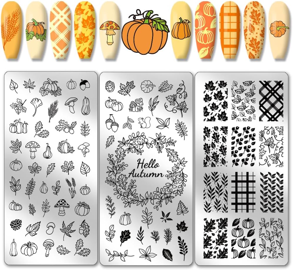 PH PandaHall 3PCS Fall Theme Nail Stamping Plate 88 Patterns Stainless Steel Nail Template Leaves Pumpkins Plaid Autumn Blessing Nails Art Plate for Thanksgiving Nails Art Design 4.7x2.4 inches