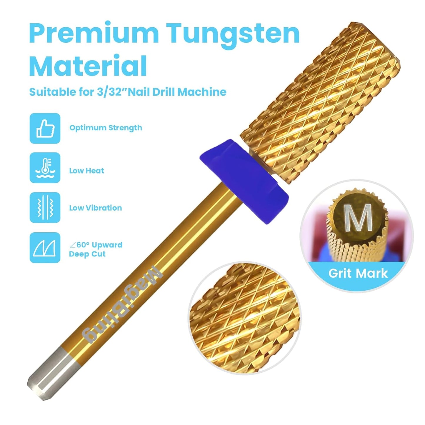 3/32'' Super Cut Nail Drill Bits for Fast Hard Gel Removal, MagiBling Tungsten Carbide Bits for Professional Users, Upward Deep Cut, Right Hand Use, Manicure Cuticle Gel Polishing, Medium.