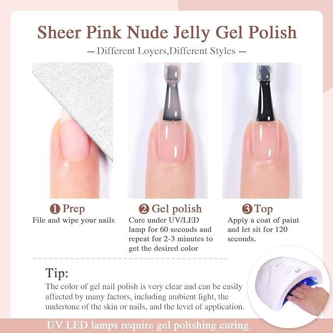 Sheer Jelly Nude Gel Nail Polish, 1 Pcs 15ml Neutral Transparent Gel Polish Color, Soak Off LED Salon DIY at Home Nail Manicure
