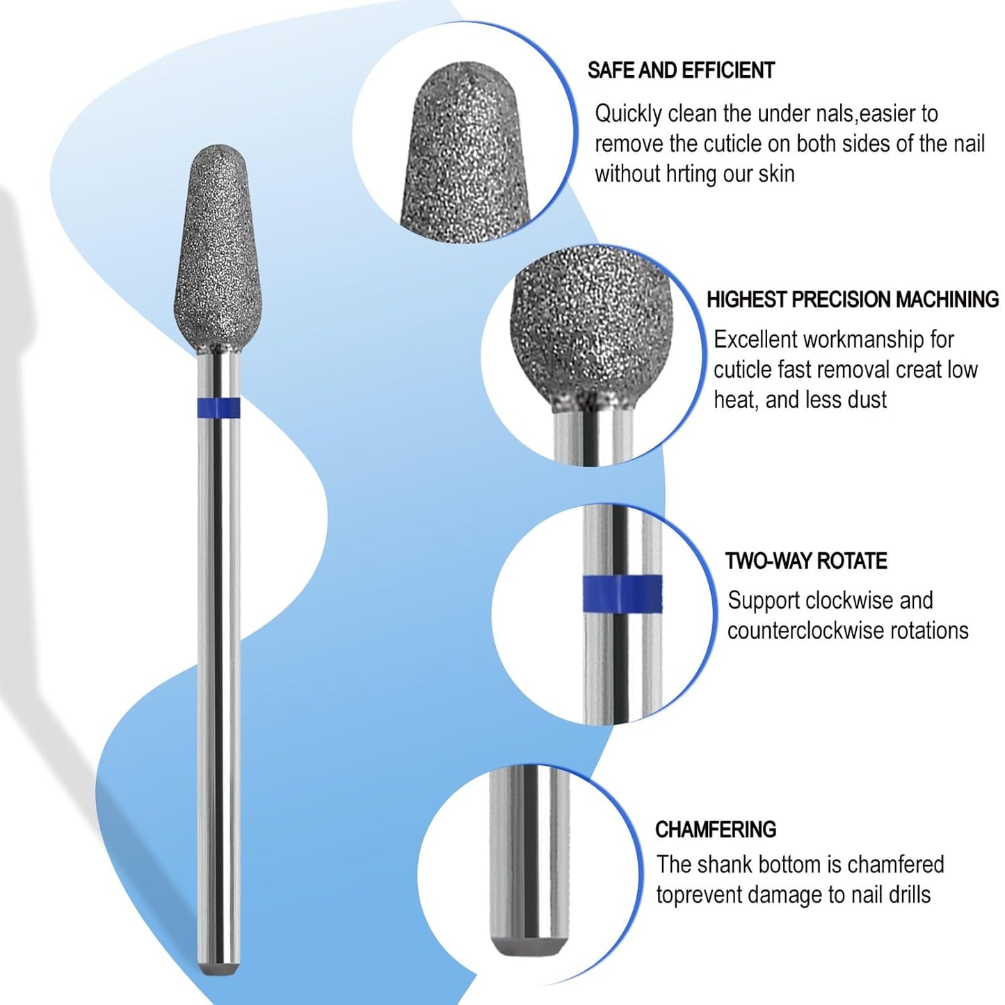 Cuticle Nail Drill Bit, 3/32'' Professional Safety Diamond Under Nail Cleaner for Cuticle Dead Skin Nail Prepare, Beginners Bits, Experienced Tech (Medium)