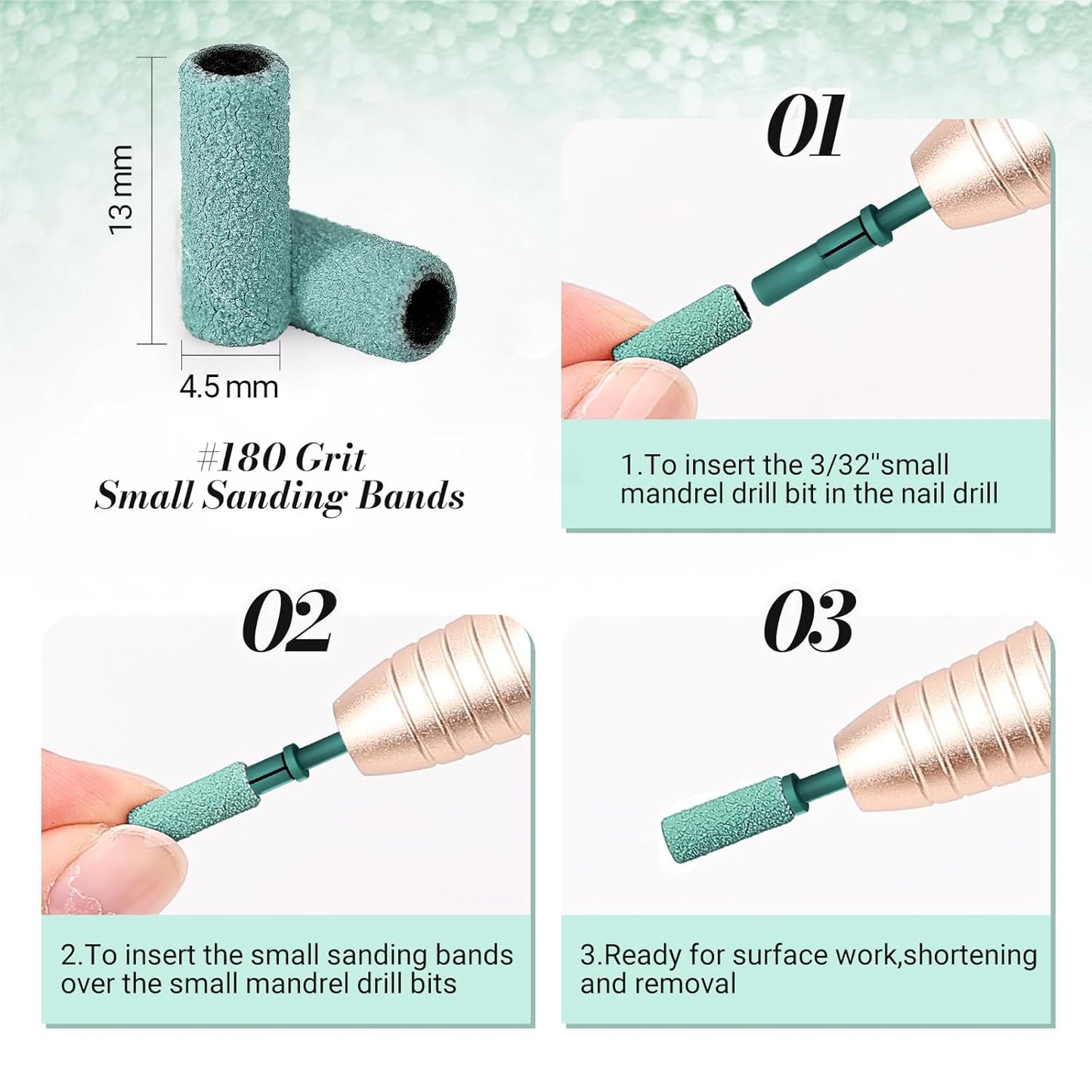 MelodySusie 50 Pcs Nail Drill Bits Small Sanding Bands with 3.1mm Mandrel Bit, 180 Fine Grit Nail File for Acrylic Nails Gel Manicures and Pedicure, Dark Green