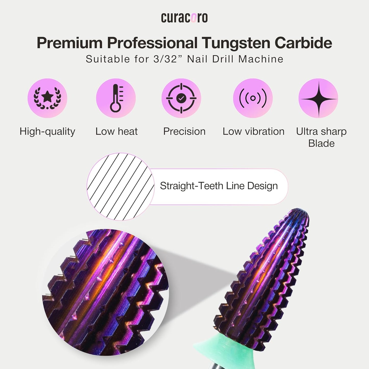 Curacoro Nail Drill Bits 3/32'' - Typhoon Bits, 2 Way, Carbide Bit (Coarse), Fast Remove, Shape & Smooth Acrylic or Gel Nails, Precise Control, for Nail Beds, Nail Art Pedicure Manicure Salon & Home