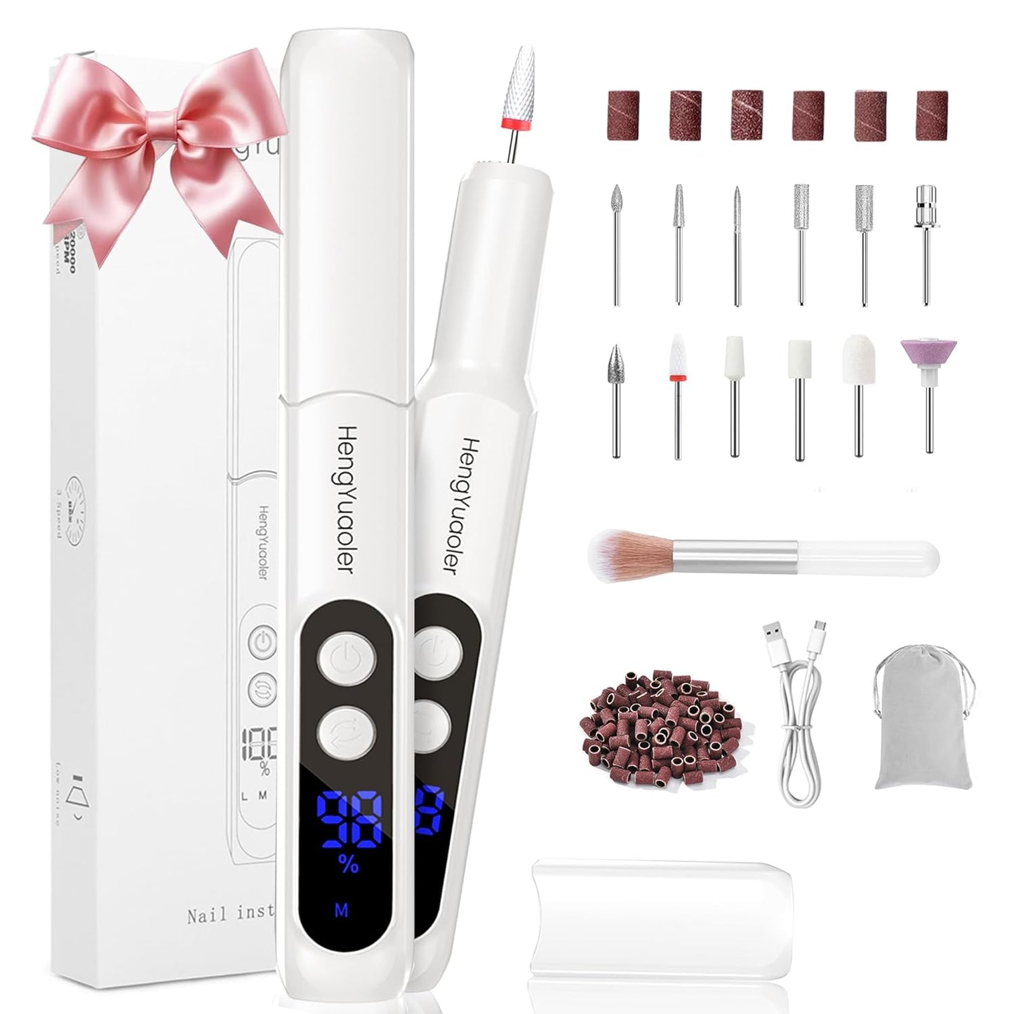 Electric Nail Drill Professional Manicure Pedicure Kit Acrylic Nail Drill Machine for Gel Cordless Nail Drill Machine Toe Nail Tools 3 Speeds Thick Toenail Grinder(White）
