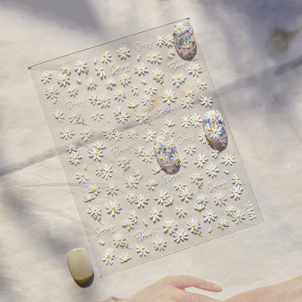 White Daisy Nail Stickers 5D Embossed Flower Nail Art Stickers Cute Daisy Nail Decals Self Adhesive Floral Nail Supplies Spring Summer Flowers Sticker for Women Manicure Sliders Decoration Kits
