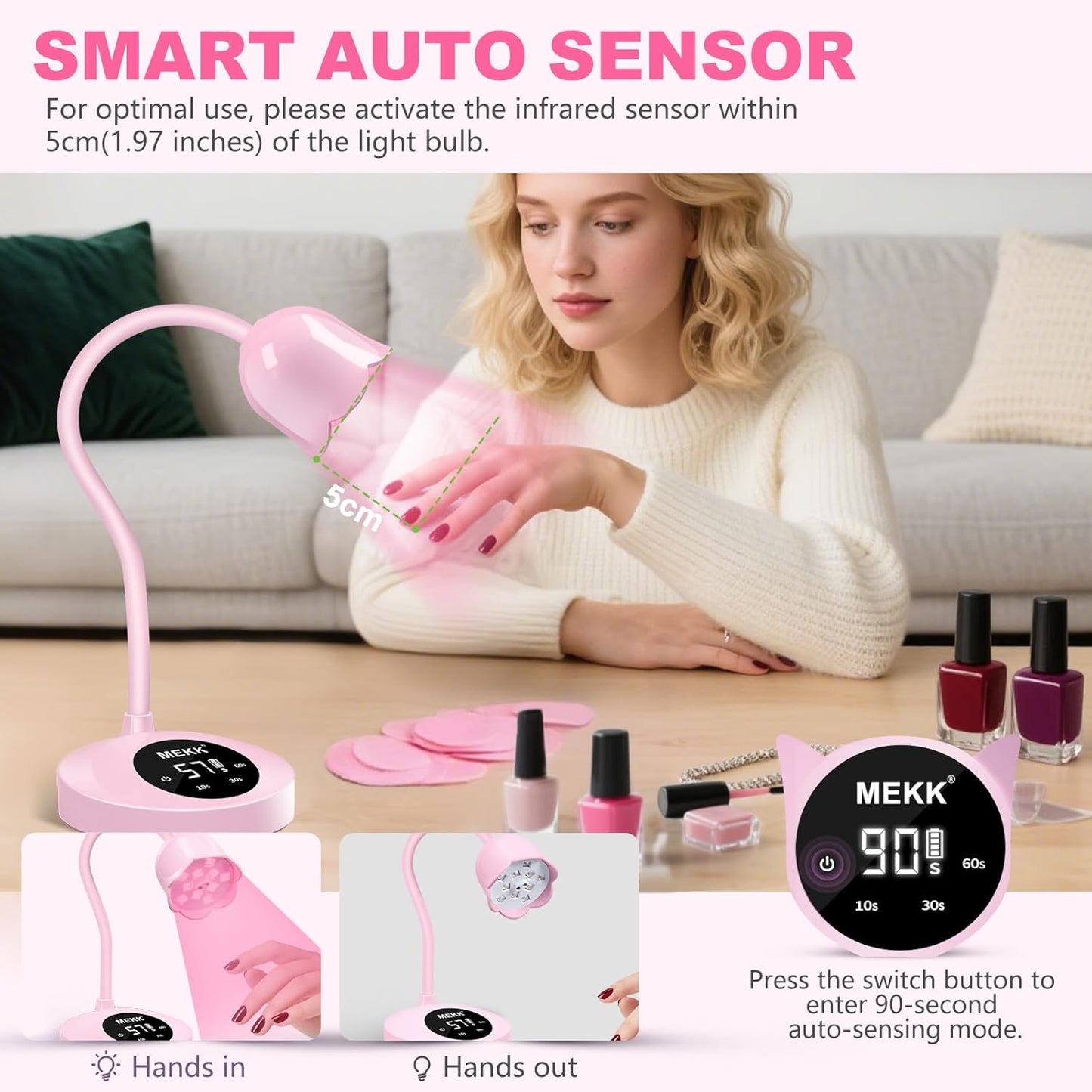 MEKK Gooseneck UV Nail Lamp Cordless Mini UV Light for Gel Nails with Auto Sensor,Professional Flash Cure Lamp 30W Single Nails Light with Three Timers (10s/30s/60s) Salon & Home DIY Use-Pink