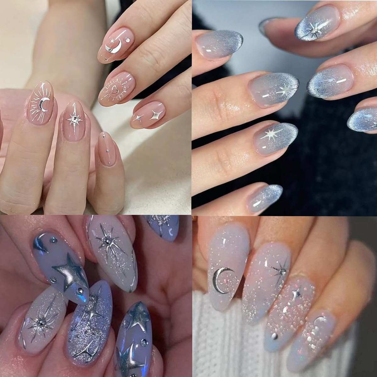 30 Sheets Star Moon Nail Stickers Cute Little Cat Nail Art Stickers 3D Silver Heart Nail Decals Self-Adhesive Retro Nail Supplies Line Flower Leaf Nail Art Design Manicure for Women DIY Acrylic Nails
