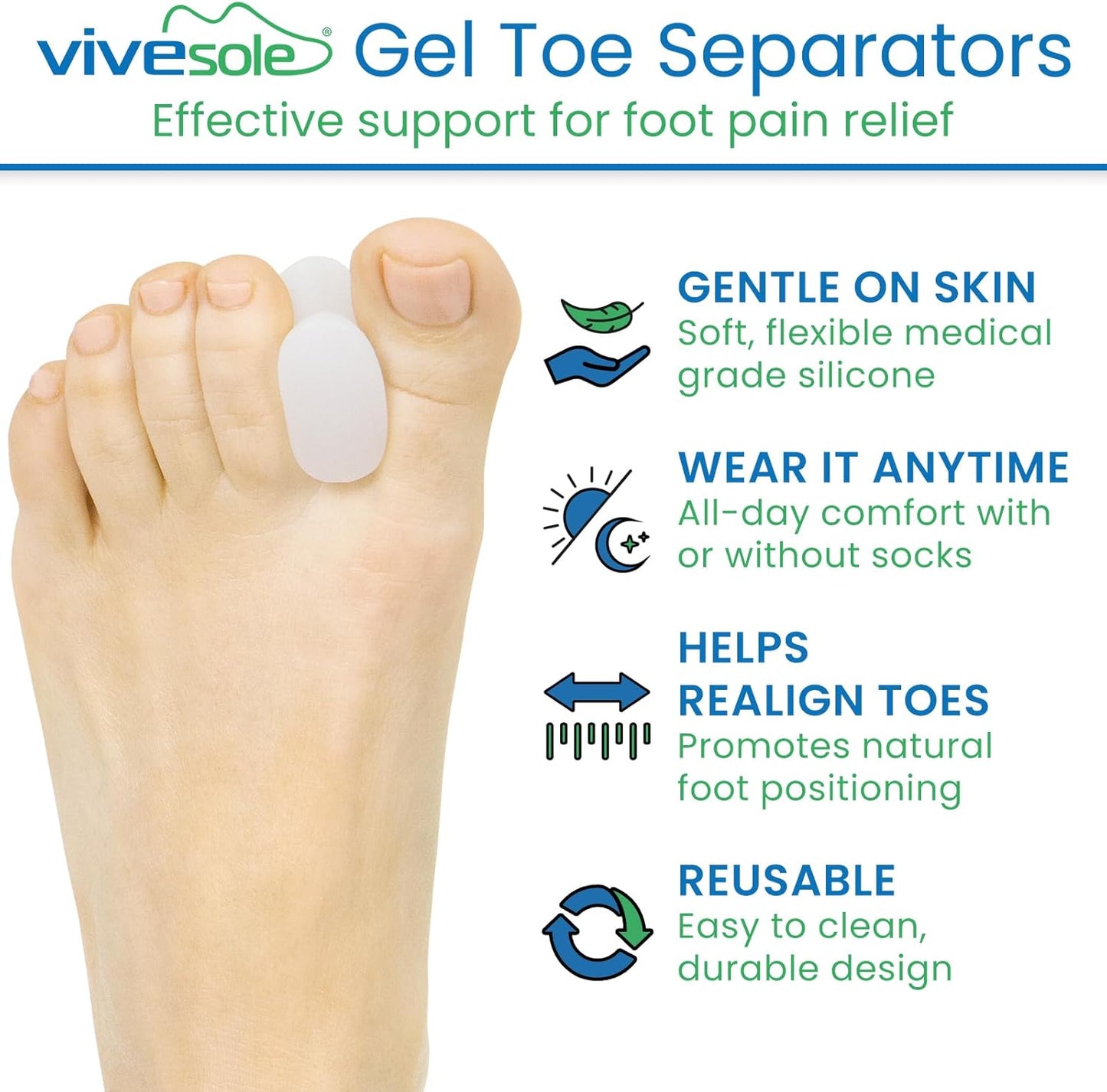 VIVEsole Toe Spreaders for Feet (8 Pack) - Silicone Spacers for Women & Men - Gel Separators for Bunions, Overlapping Toes, Pain Relief - Orthotic Dividers for Athletes, Alignment & Corrector