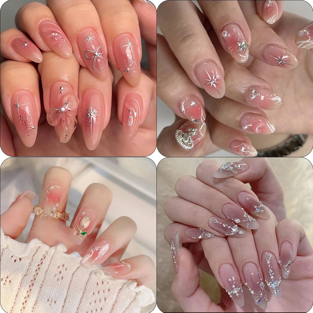 Cute Nail Art Stickers 3D Pink Tulip Flower Nails Decals Glitter Heart Bow Star Nail Stickers Gold Line Butterfly Nails Art Design Sticker Gradient Pink Manicure Supplies Decorations for Women 4Pcs