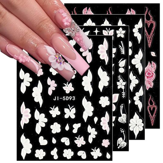 JMEOWIO 6 Sheets 3D Embossed Flower Butterfly Nail Art Stickers Decals Self-Adhesive Pegatinas Uñas 5D White Spring Floral Nail Supplies Nail Art Design Decoration Accessories