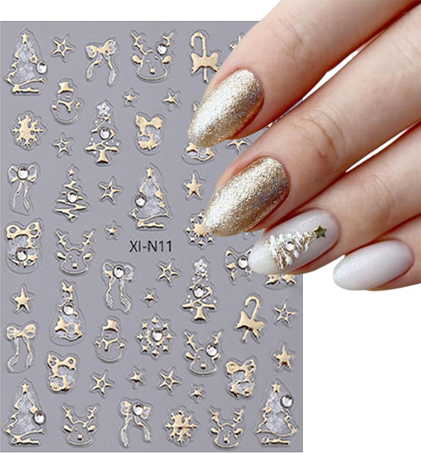 6 Sheets Christmas with Rhinestones Nail Art Stickers 3D Self-Adhesive Gold Silver Elk Snowflake Nail Stickers Glitter Christmas Tree Nail Decals Acrylic Nail Supplies for Women Girls Nail Decoration