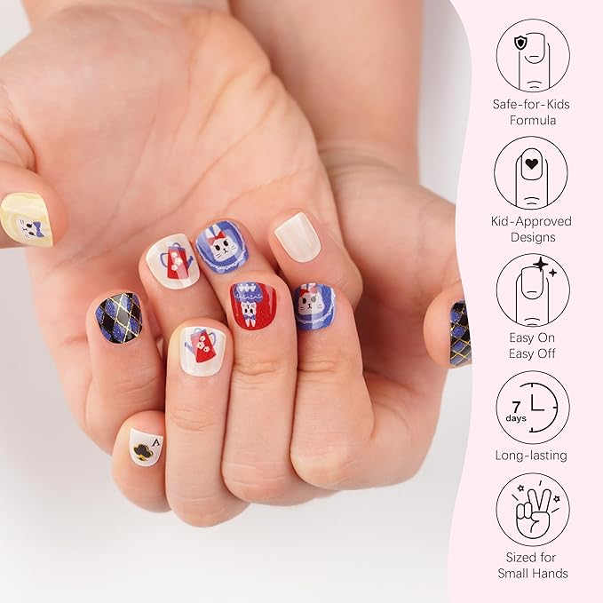 DANNI & TONI Kids Gel Nail Strips Bunny Poker Red Blue Salon-Quality Peel & Stick Manicure for Children (Age 6+)– Safe, Long-Lasting, Easy to Apply |Royal Sip