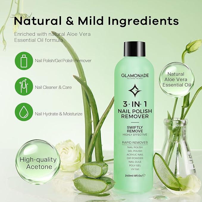 Acetone Nail Polish Remover: Professional Soak off Gel Polish Remover Natural Formula Aloe Vera Essential Oil for Acrylic Dip Powder Nail Supplies for Home Salon(8 Fl.Oz.)