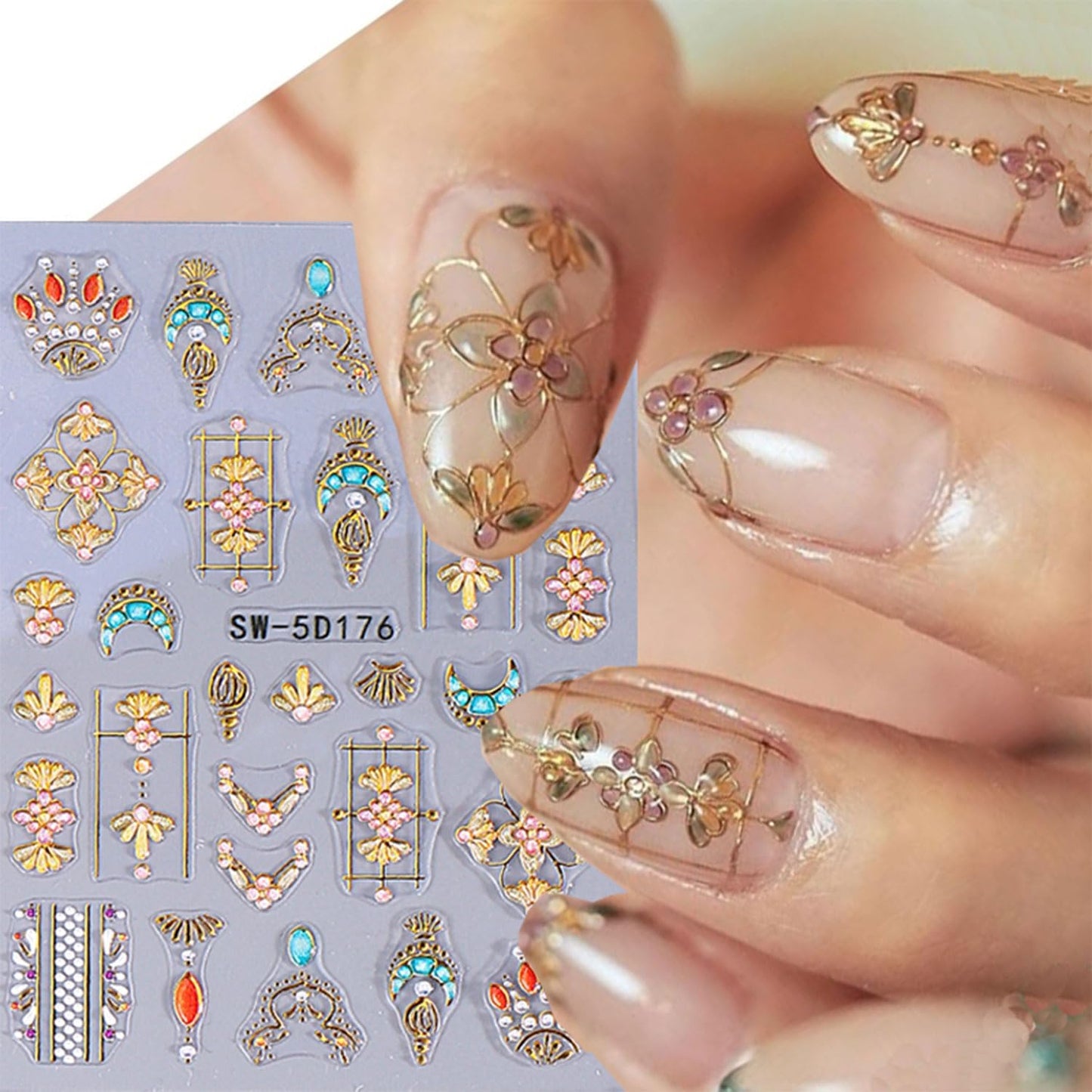 2 Sheets 5D Embossed Star Moon Nail Art Stickers Sun Rhinestones Nail Stickers Designs Nail Decals Supplies Self Adhesive Nails Sticker for Women DIY Acrylic Nail Accessories