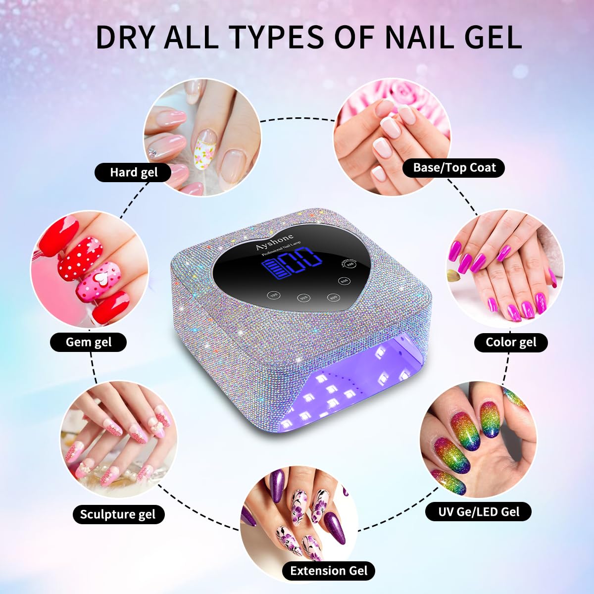 Cordless UV LED Nail Lamp,72W Rechargeable Nail Dryer Gel Polish Light with Large LCD Display,Rechargeable Nail Curing Lamp for Salon & Home (AB Diamond)