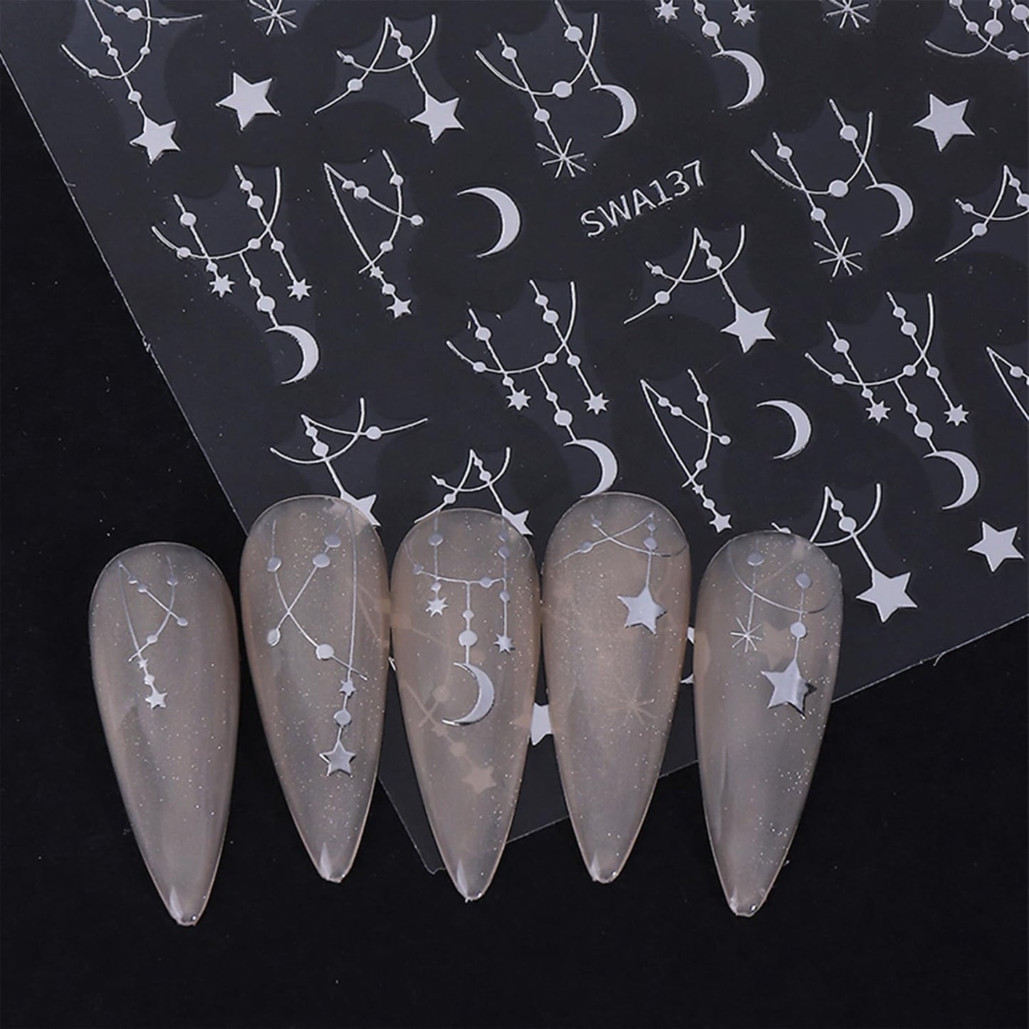 Star Nail Stickers for Nail Art 3D Self-Adhesive Moon Nail Decals Black Silver Star Nail Art Stickers for Women 6 Sheets