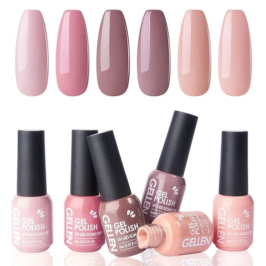 GELLEN Nude Gel Nail Polish Set - Nude Neutrals Brown Orange 6 Colors Gel Polish, Warm Nail Gel Polish Set Nail Art DIY Home Manicure Set