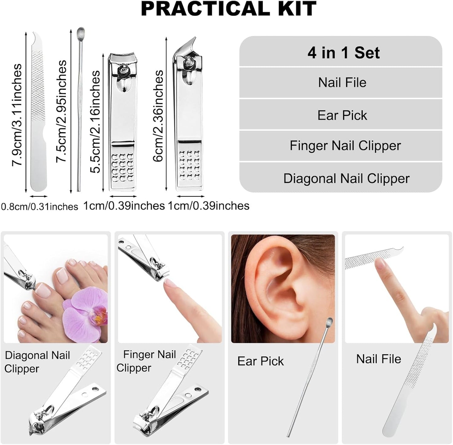 30 Sets Finger Nail Clipper Set Bulk,4 in 1 Black Adult Stainless Steel Travel Manicure Kit with Case Individually Wrapped Nail Clippers Bulk for Homeless,Hotel,Charity