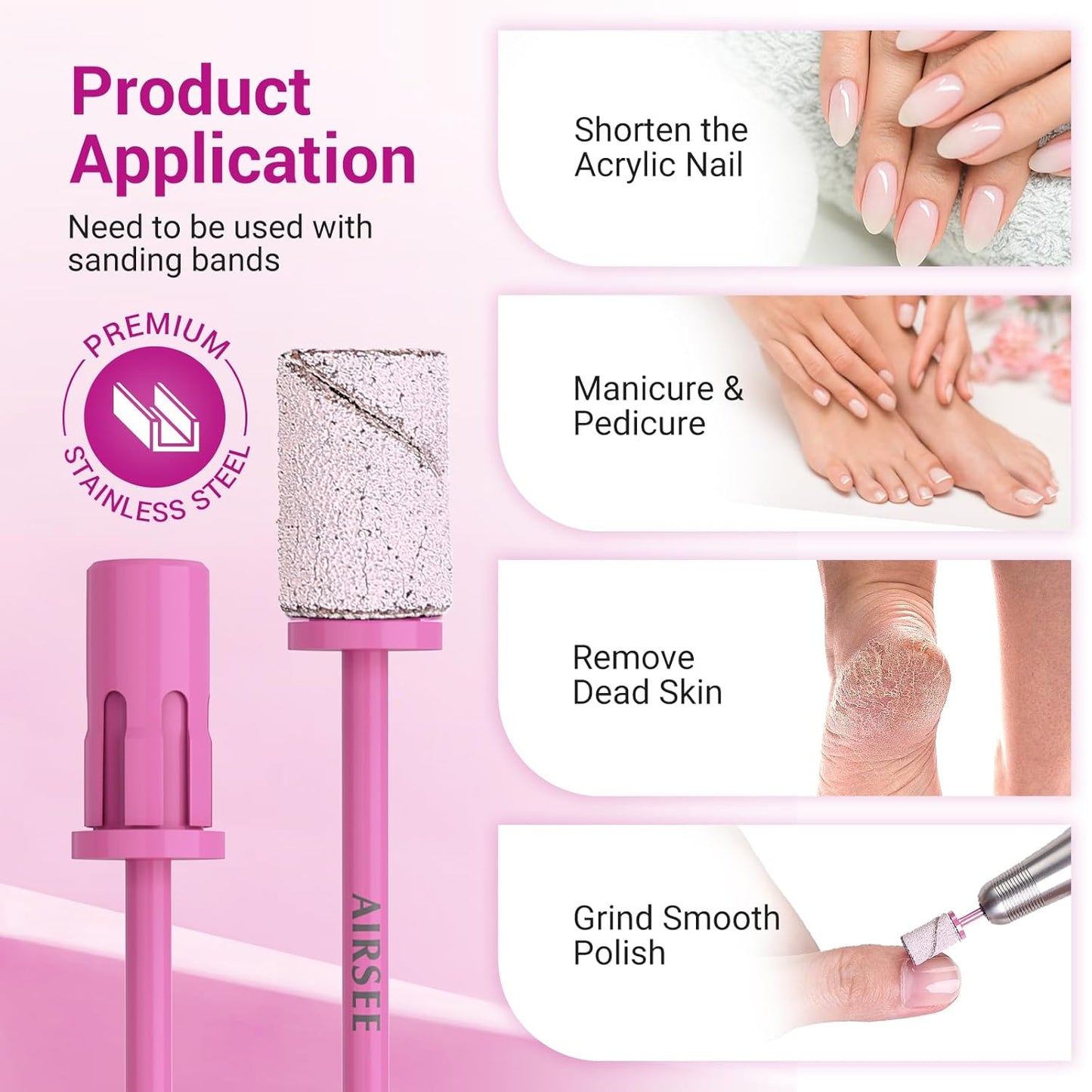 AIRSEE Nail Drill Mandrel Bit for Efile Sanding Bands, Stainless Steel Professional Electric File Head for Clean Cuticle Removing, Acrylic Tip Dead Skin Sander Remover Manicure Safety (Rose Pink)