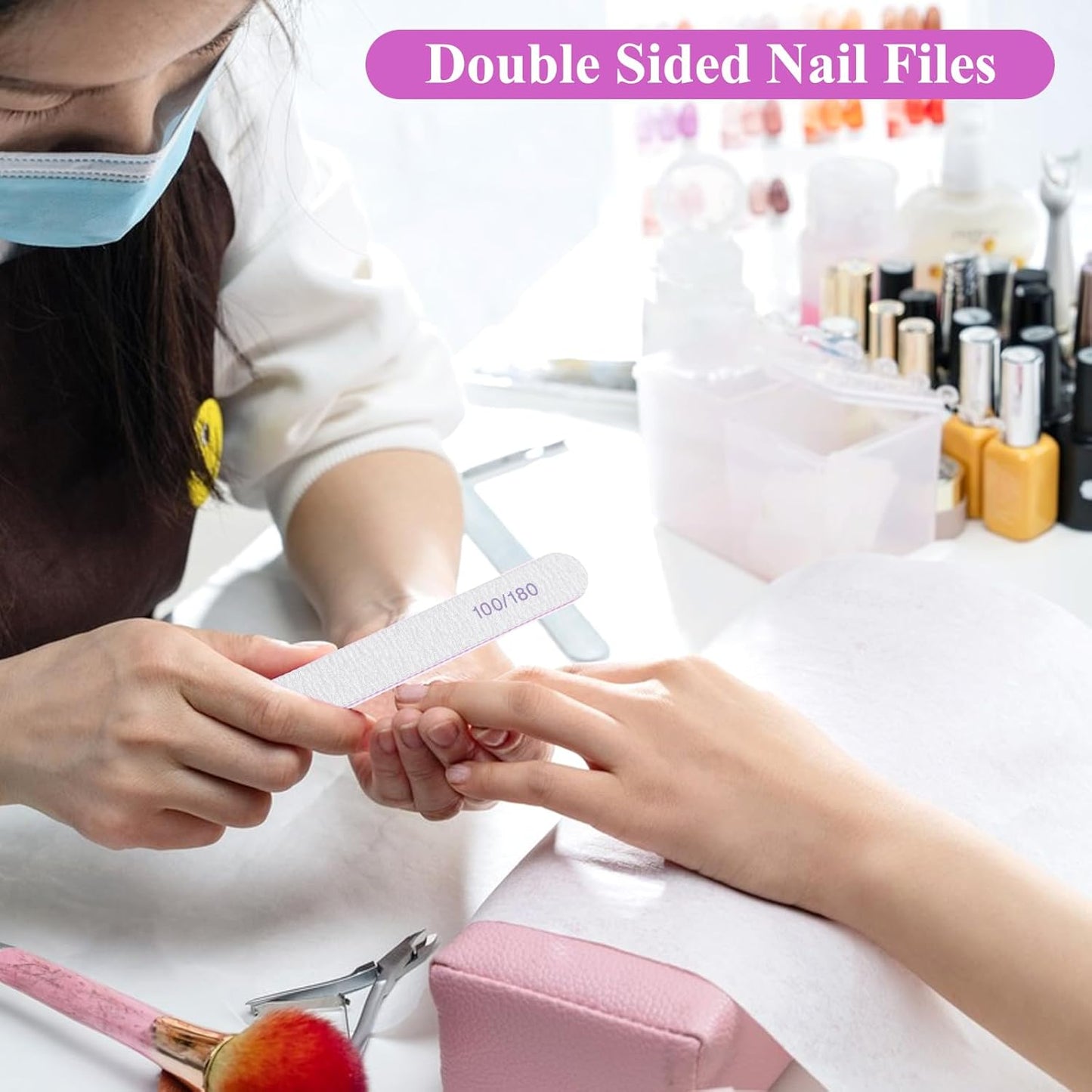 125 Pcs Nail Files 100/180 Grit Double Sided Emery Boards Professional Reusable Nail Buffers for Natural Nails and Acrylic Nails Home and Salon Use