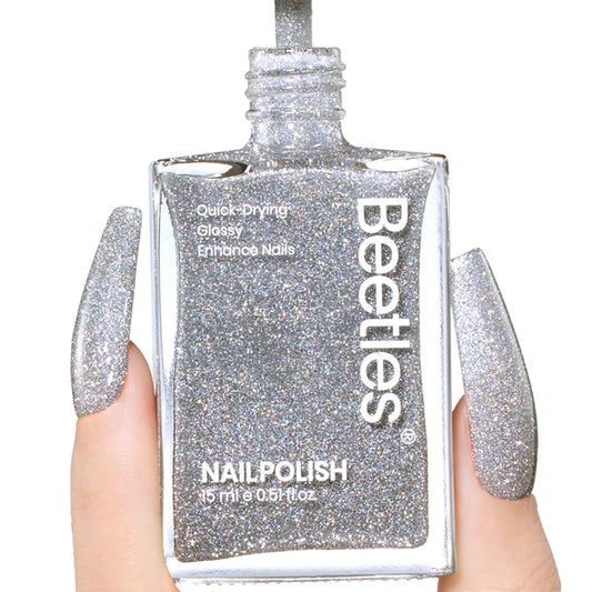 Beetles Glitter Nail Polish, 1Pcs 15ml Quick Dry Holographic Nail Polish, shimmering silver Nail Lacquer Art Effect for Nail Salon DIY at Home, Nail Art Design for Women