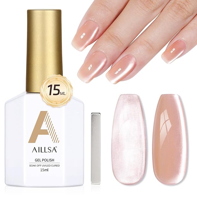 AILLSA Glass Cat Eye Gel Nail Polish, 15ml Nude Glitter Jelly Sheer Gel Polish, Translucent Magnetic Shimmer Sparkle Nail Art U V Salon 0.5 OZ GF39