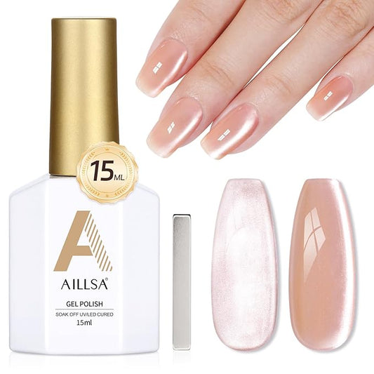 AILLSA Glass Cat Eye Gel Nail Polish, 15ml Nude Glitter Jelly Sheer Gel Polish, Translucent Magnetic Shimmer Sparkle Nail Art U V Salon 0.5 OZ GF39