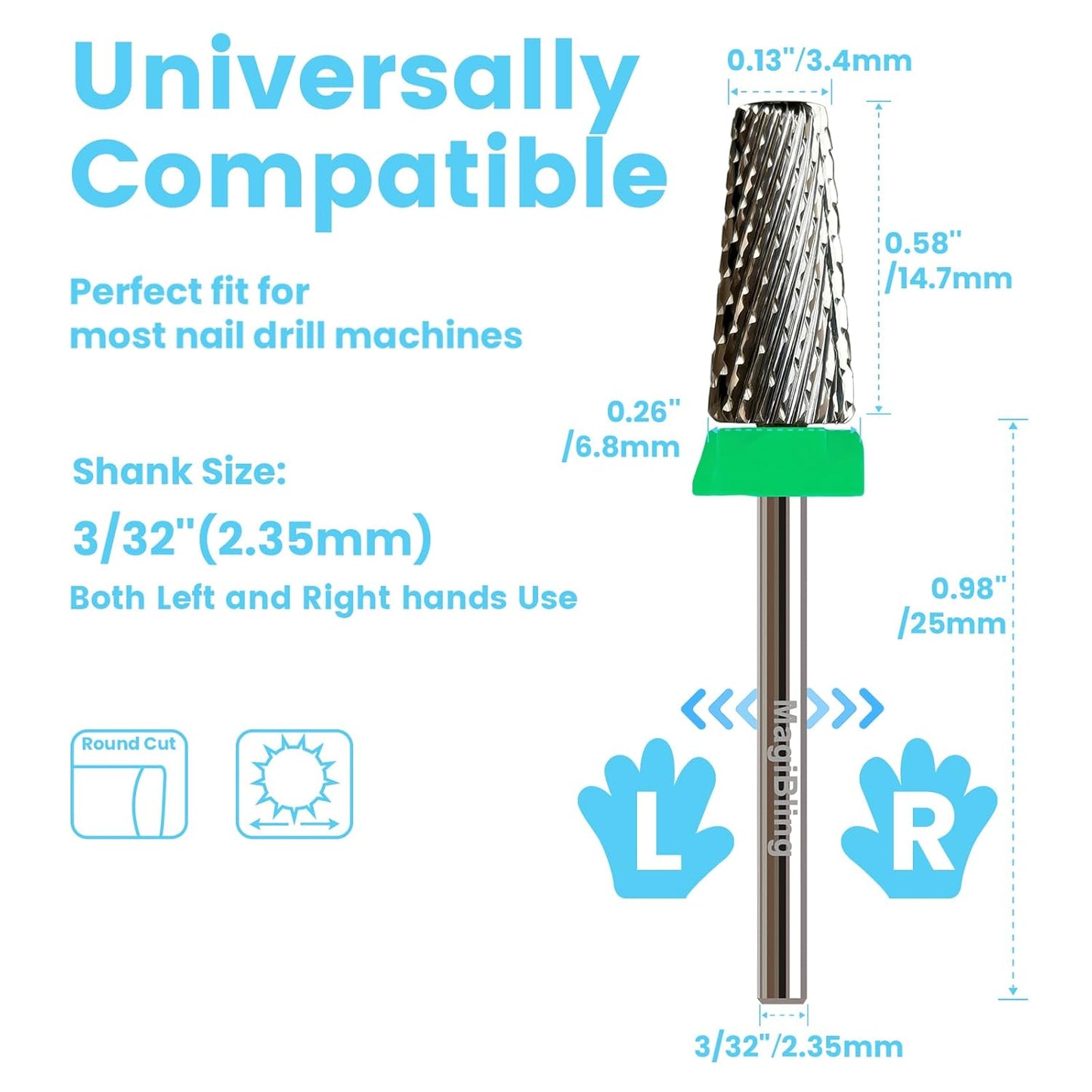Cross Cut 5 in 1 Tapered Barrel Nail Drill Bits, Professional 3/32'' Safety Tungsten Carbide Bits, Two-way Rotation, Manicure Pedicure Cuticle Gel Removal Polishing, Coarse.
