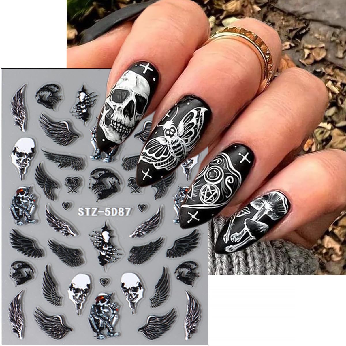8 Sheets Halloween Nail Art Stickers - Goth Ghost, Skeleton Skull Spider Nail Decals - 3D, 5D Black Wing Nail Supplies - DIY French Manicure