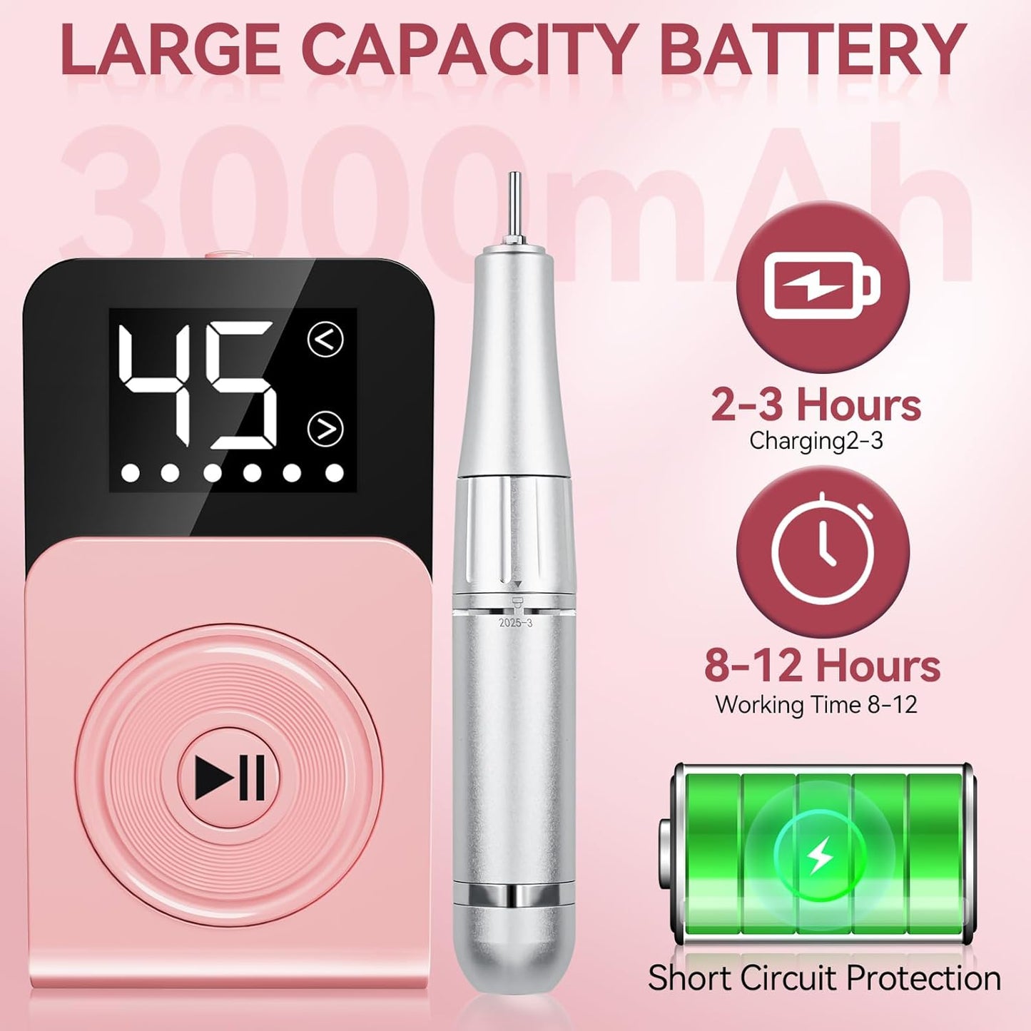Nail Drill, Professional 45000RPM Electric Nail File with 12 Drill Bits Remover Gel Nail Polish Acrylic Nails Manicure for Salon Home(Pink)