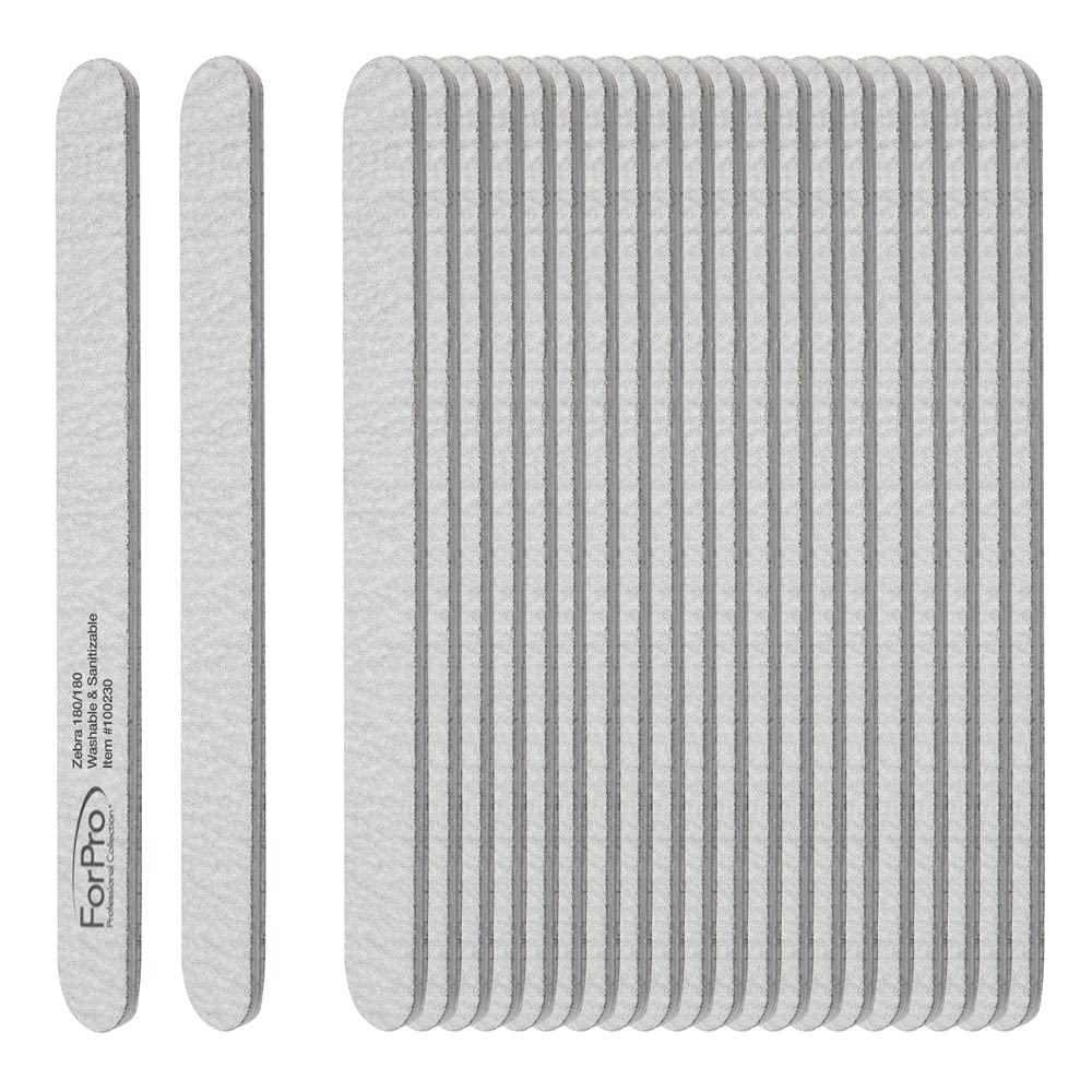 ForPro Professional Collection Zebra Foam Board, 180/180 Grit, Double-Sided Manicure Nail File, 7” L x .75” W, 50-Count