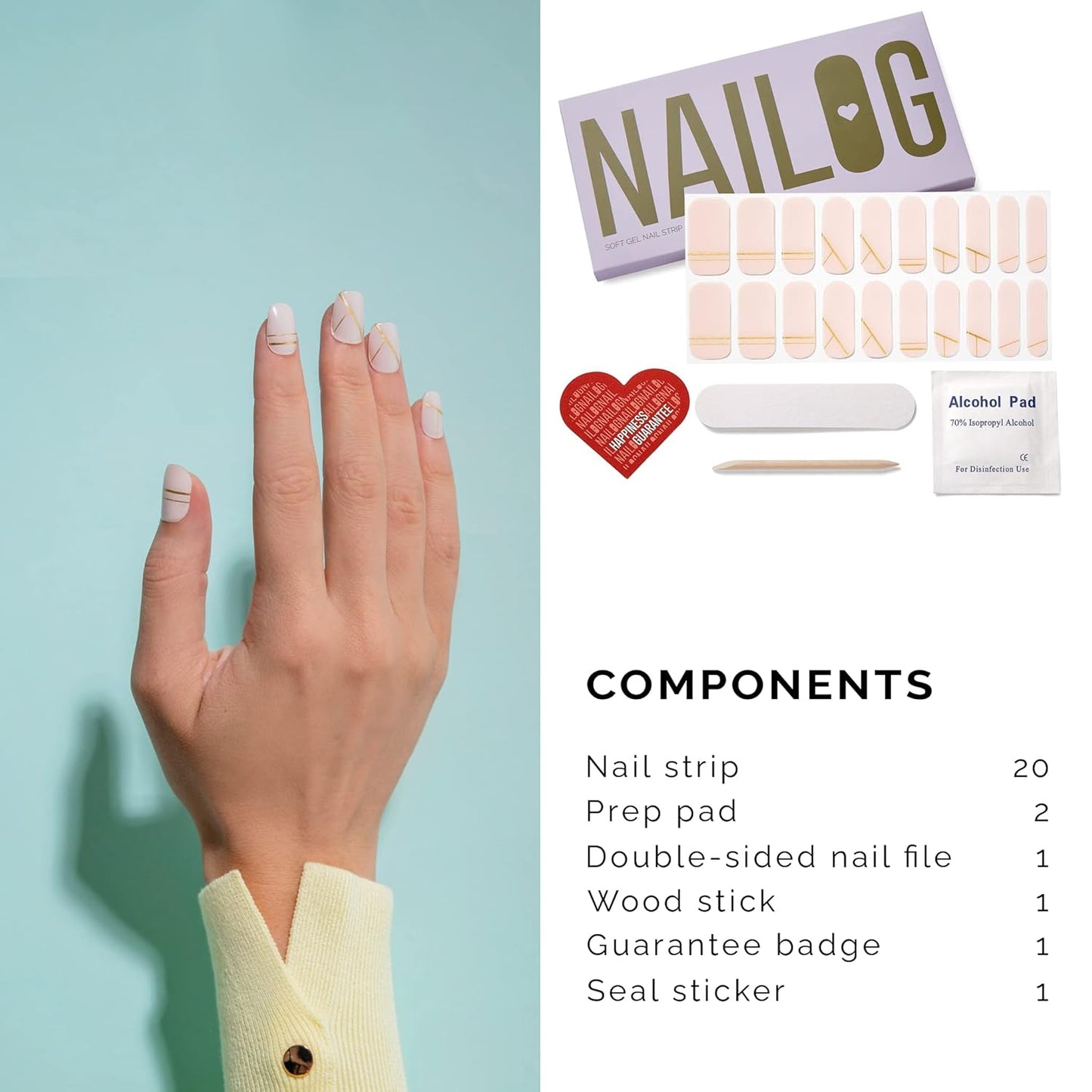NAILOG Semi Cured Gel Nail Strips (20 Pcs Extra Long Polish Stickers/Wraps) │ Glossy & Long Lasting Gel Nail Strips Semi Cured with Soft Gel Finishing, Lady N