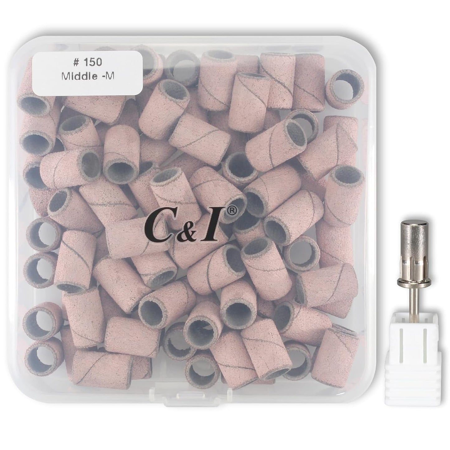 C & I Nail Sanding Bands 100 PCS Plus Upgrade Mandrel 1 PC, Nail Drill Bits for Acrylic Gel Nails Remove, Natural Nails Buffer for Nail Prep and Nail Shiner (Pink, #150 Middle)