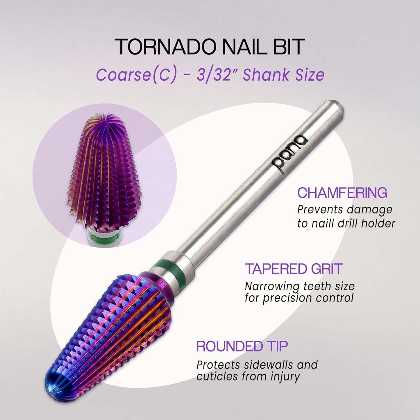 PANA 3/32" Purple Tornado Carbide Nail Drill Bit for Acrylics, Nail Extension, Gel Polish Removal Nail Salon Manicure Pedicure Electric File Tools (Coarse - C)